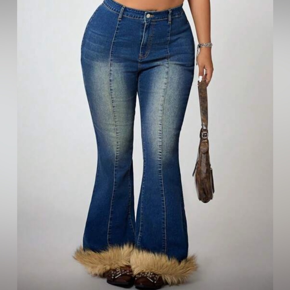 Women's Blue Flare Jeans with Fur Trim - Picture 5 of 6